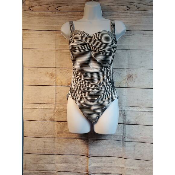 BOND EYE One Piece Retro SWIMSUIT Black and White STRIPE Size 12 EUC - Picture 1 of 5